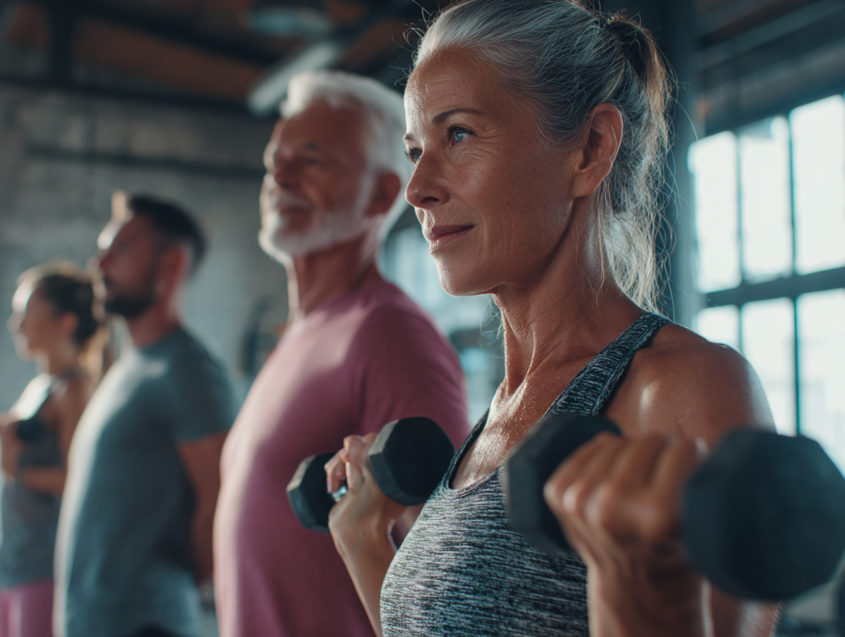 Skupina ľudí rôzneho veku cvičí v modernom fitness centre